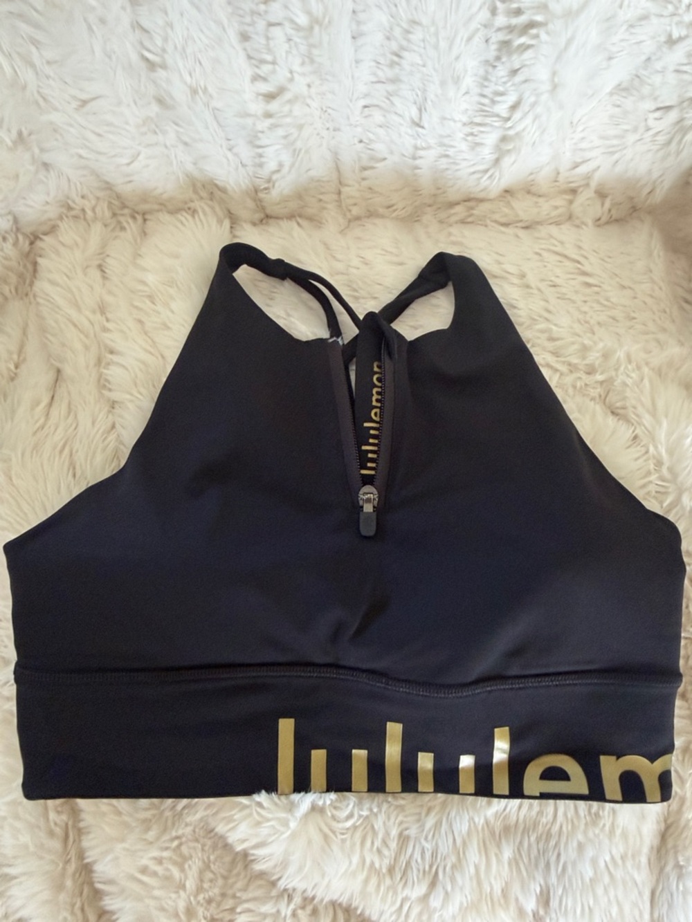 lululemon athletica Black High-Neck Zip Sports Bra with Gold Logo Band